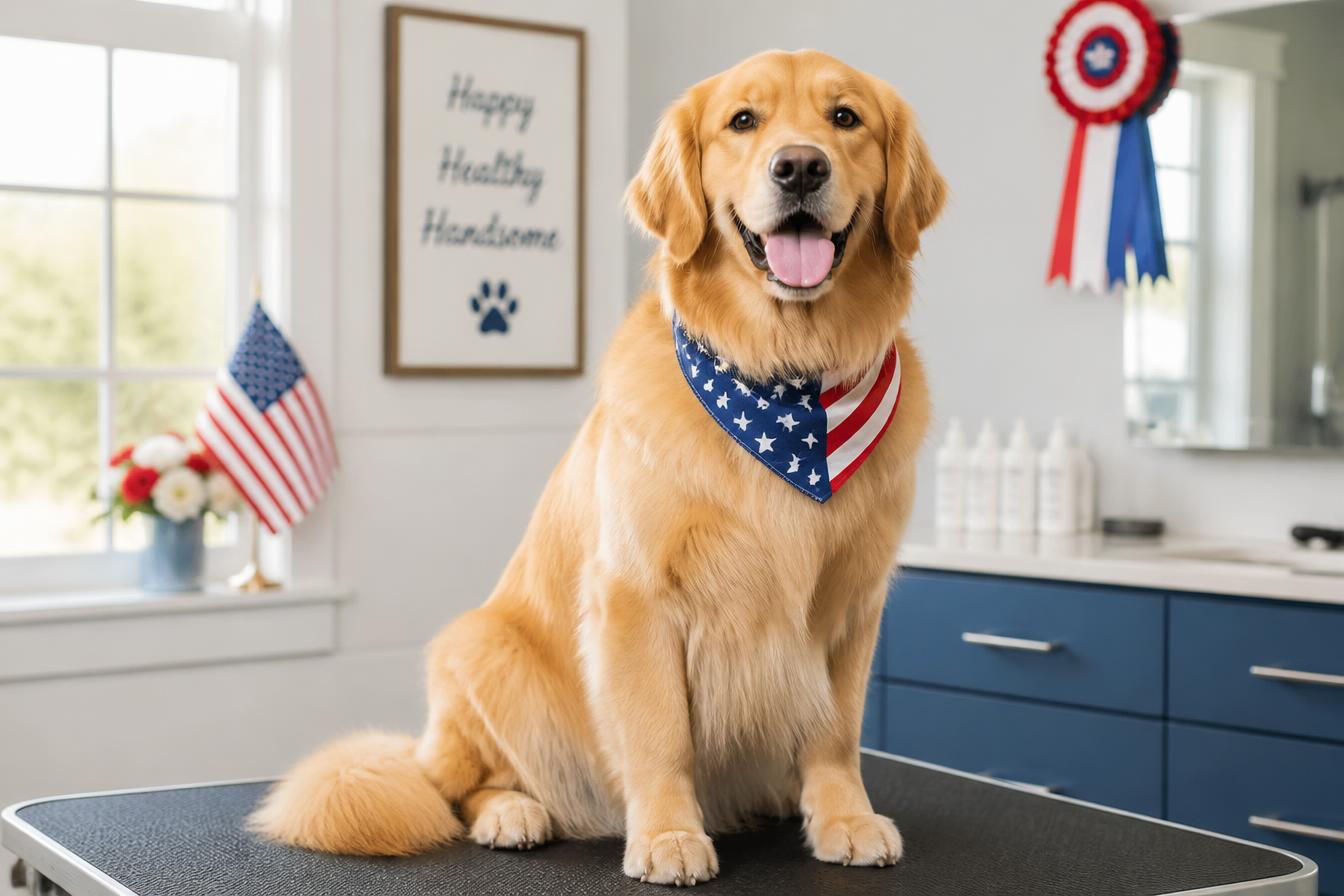 A happy golden retriever freshly groomed at Patriots Paw Boutique